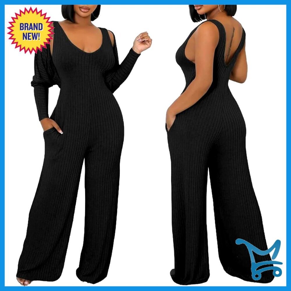 Ribbed Knit Two Piece Set Long Sleeve Cardigan Wide Leg Jumpsuit Y2K